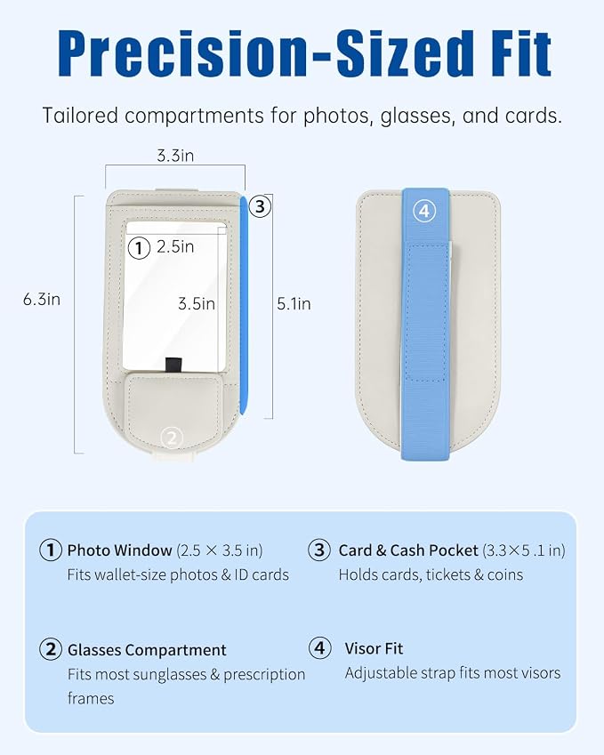 Car Visor Sunglasses Holder, 3 in 1 Glasses Clip with Photo Picture Display & Extra Storage Pocket, Anti-Slip Universal Sun Visor Organizer, 2026 Upgraded (1, Off-White) - Image 8