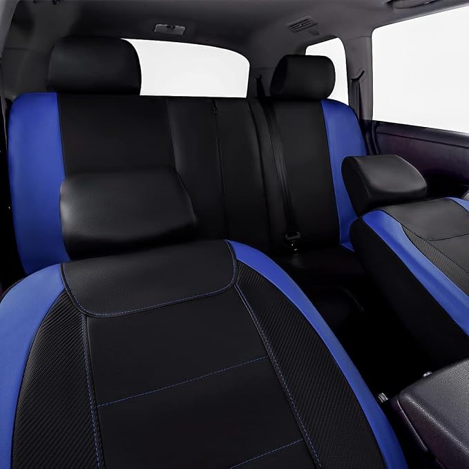 Flying Banner car seat Covers Protects Water Proof Faux Leather Carbon Fiber Front and Rear Bench (Blue Black, Full Set - 9PCS) - Image 9