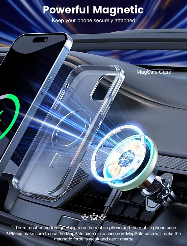 for Magsafe Car Mount Charger 15W LED RGB Car Phone Holder for Dash Vent | HandsFree Magnetic Wireless Car Charger Car Mount Fast Car Charger for iPhone 17 16 15/14/13/12 Series Green - Image 6