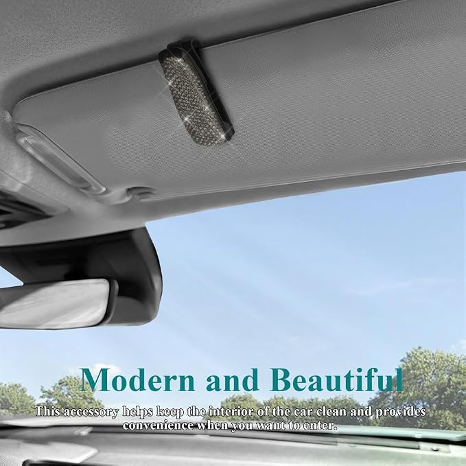 2PCS Glasses Holders for Car Sun Visor, Fashion Bling Crystal Rhinestones Car Eyeglasses Sunglasses Hanger Mount with Ticket Card Clip, Universal Vehicle Visor Accessories for Women Men (Gray) - Image 7