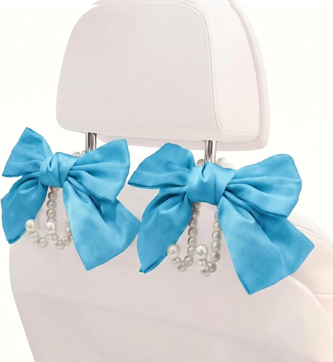 2PCS Satin Bow Pearl Car Seat Headrest Hooks – Car Bag Holder & Vehicle Hanger for Purses – Cute Coquette Aesthetic Interior Decoration – Cute Auto Organizer Accessories Universal (Sky Blue) - Image 9