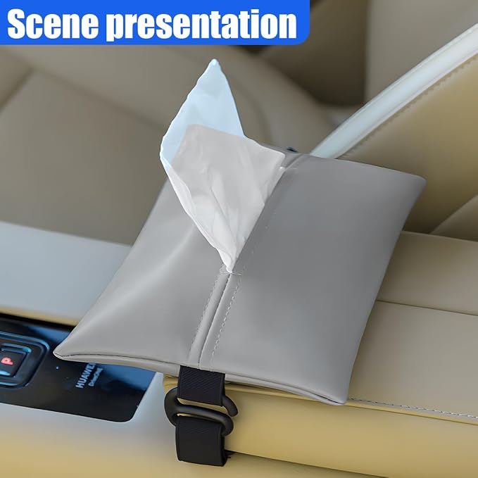 YoRise Car Tissue Holder, PU Leather Car Napkin Holder with Adjustable Strap, Center Console Tissues Box Cover, Sun Visor Organizer Keep Auto Tidy, Vehicle Headrest Storage Accessories (Gray) - Image 6