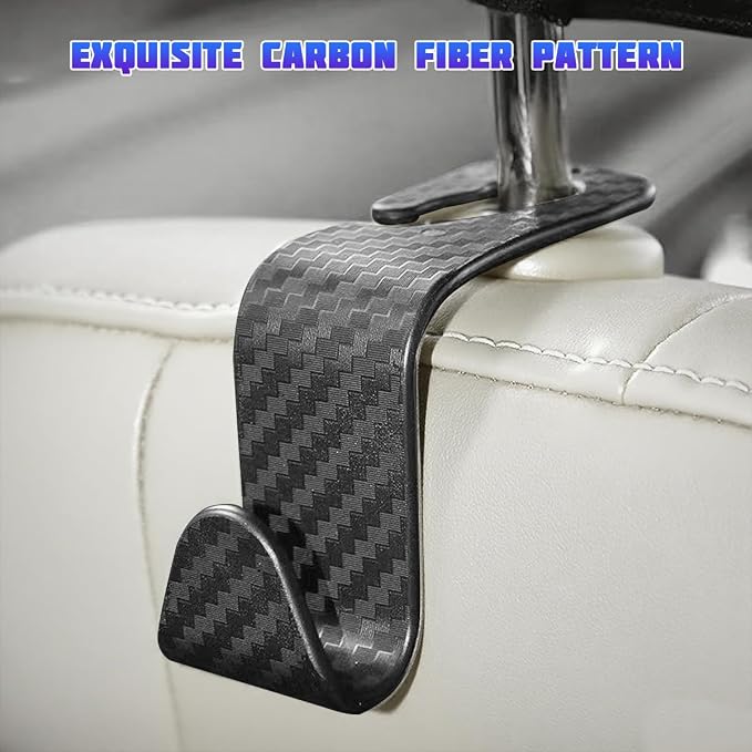 4 Pack 4.13 Inch Carbon Fiber Car Seat Headrest Hooks, Black | plastic body, supports up to 55 lb, tool-free post fit, rotates beneath headrest when idle, interior storage accessory - Image 6