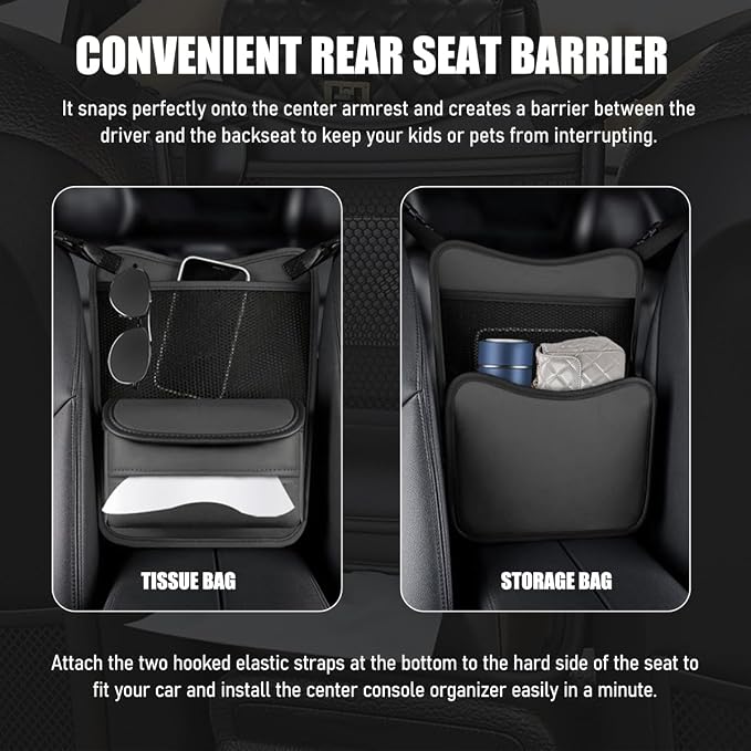 Car Organizer Storage Between Seats, Nappa Leather Front Seat Storage Bag with Tissue Holder, Automotive Console Hanging Net Pocket Handbag Holder for Phone Document (Gray) - Image 6