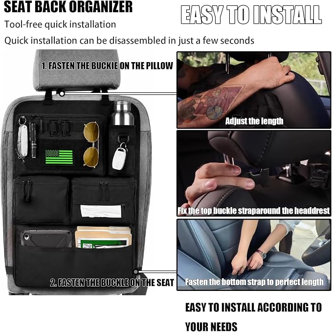 2 Pack Tactical Seat Back Organizer - Heavy Duty MOLLE Panel Organizer with Multiple Pockets & Seat Side Pocket Panel for EDC Gear, Road Trip Essentials Fit for Car SUV Truck Ford (Black integrated) - Image 8