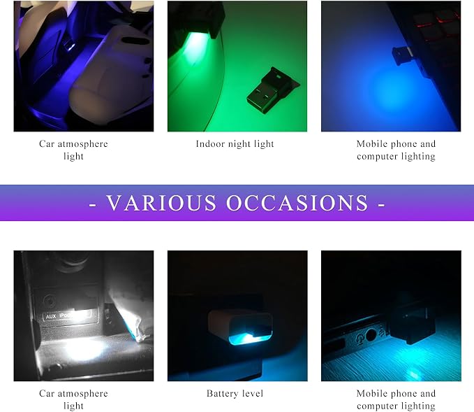 2 PCS USB Type C LED Ambient Light, 8 Colors RGB Car Interior Atmosphere Lamp, Plug-in USB Interface Mini LED Night Light, Portable Decoration Lighting Kit for Car Laptop - Image 6