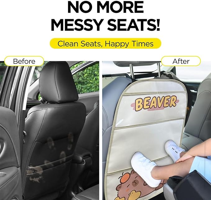 kids Leather Car Backseat Organizer with Foldable Table Tray, Car Storage Organizer with Tablet Holder, Car Seat Back Protectors Kick Mats, Travel Accessories (Capybara) - Image 8