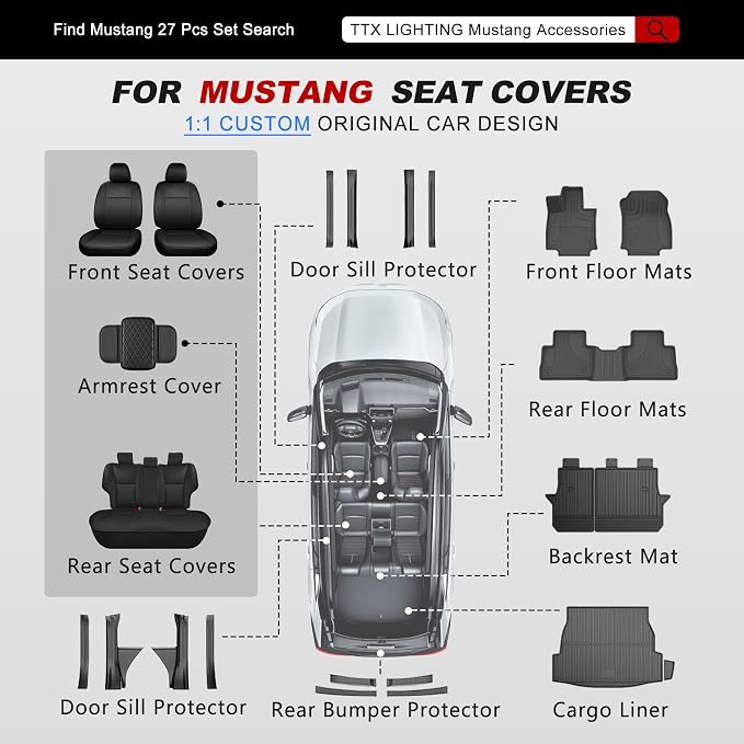 TTX LIGHTING Custom Fit Seat Covers for Ford Mustang 2015-2025, | Original Seat Pattern Faux Leather Waterproof Full Set for 5 Seats Airbag Compatible Protection - Image 10