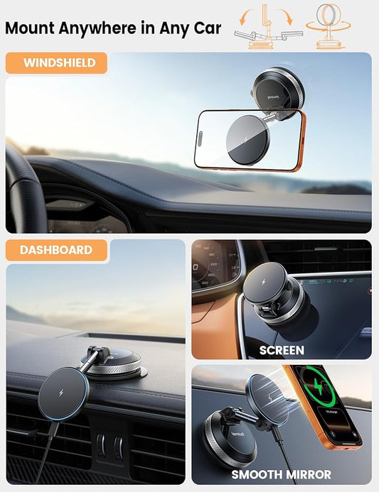 Lamicall 15W for MagSafe Car Mount Charger, 360° Wireless Car Phone Holder | Dual USB-C Ports Magnetic Phone Holder for Car, 70 LBS Vacuum Suction Phone Mount for iPhone 17 16 Pro Max Truck Jeep Silver - Image 2