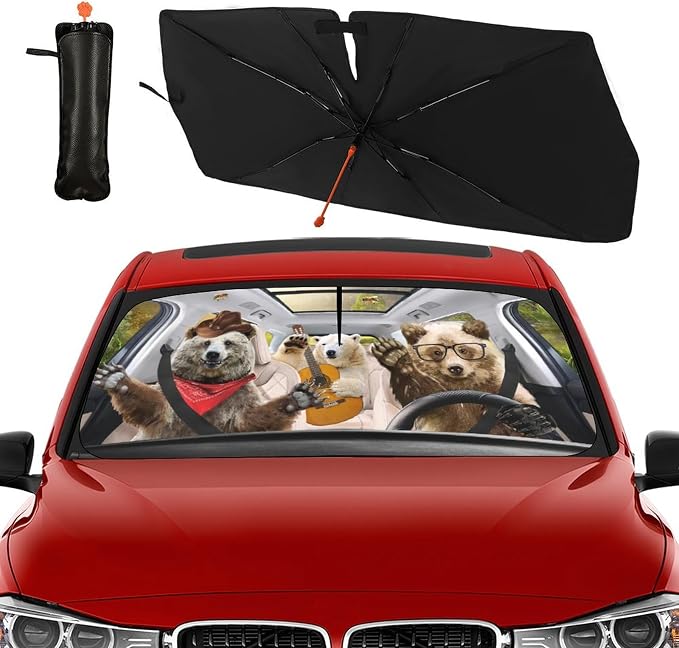 Socira Funny Bear Car Window Shades Windshield Sun Shade Umbrella | Foldable Bear Sunshade for Front Window Auto Windshield Sunshade Covers Bear Car Accessories 57'' X 30'' - Image 9
