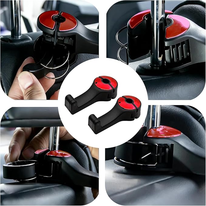 2PCS Car Headrest Hook with Phone Holder, Universal Car Headrest Storage Organizer Hanger Hook with Lock, Automotive seat Back Organizer headrest Hooks for Bags (Red) - Image 7