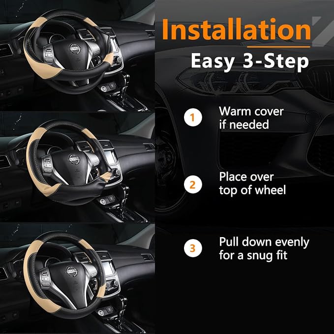 Leather Car Steering Wheel Cover, Universal Fit for Most Cars, Beige | Microfiber Leather,Non-Slip Breathable Auto Steering Wheel Protector - Image 6