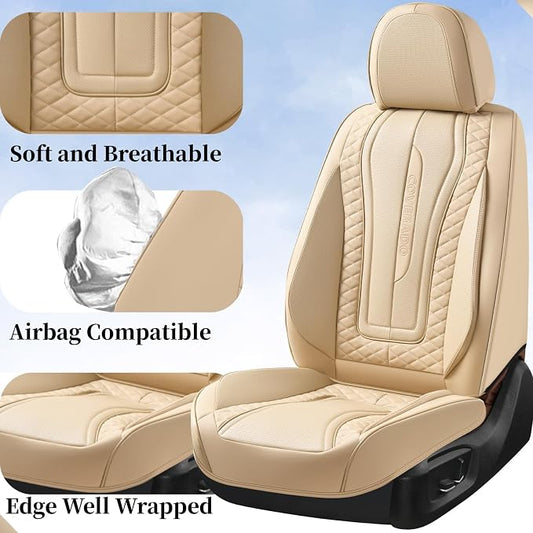 Coverado Car Seat Covers Full Set, Leather Seat Coversfor Cars, Front and Back Seat Covers, Waterproof Car Seat Protectors Car Seat Cushions Universal for Most Vehicles, Beige - Image 2