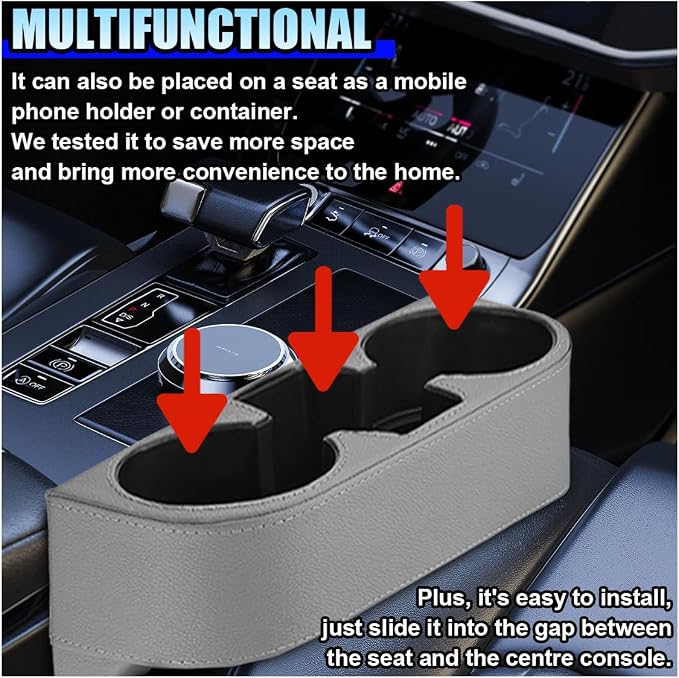 ZIMISI Car Cup Holder, Leather Front Console Gap Filler Organizer (Grey) | Car Seat Gap Filler Storage Box, Multifunctional Car Cup Drink Holder, Coin Bucket, Cell Mobile Phone Holder - Image 6