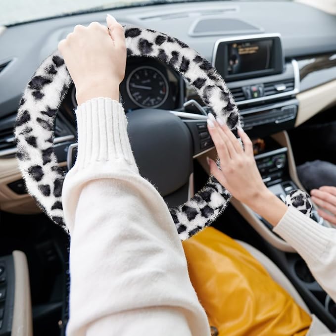 Accmor Fuzzy Car Steering Wheel Cover, Universal Fit Fur Auto Wheel Cover & Handbrake Cover & Gear Shift Cover Set, Leopard Winter Warm Fluffy Vehicle Wheel Protector Car Accessories for Men Women - Image 7