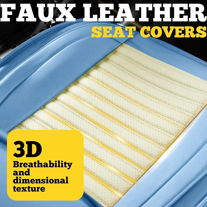 Front Car Seat Covers, Faux Nappa Leather for Sedan SUV, 2 Seats | Waterproof, Breathable and Airbag Compatible, Helps Reduce Slipping, White-Light blue - Image 7