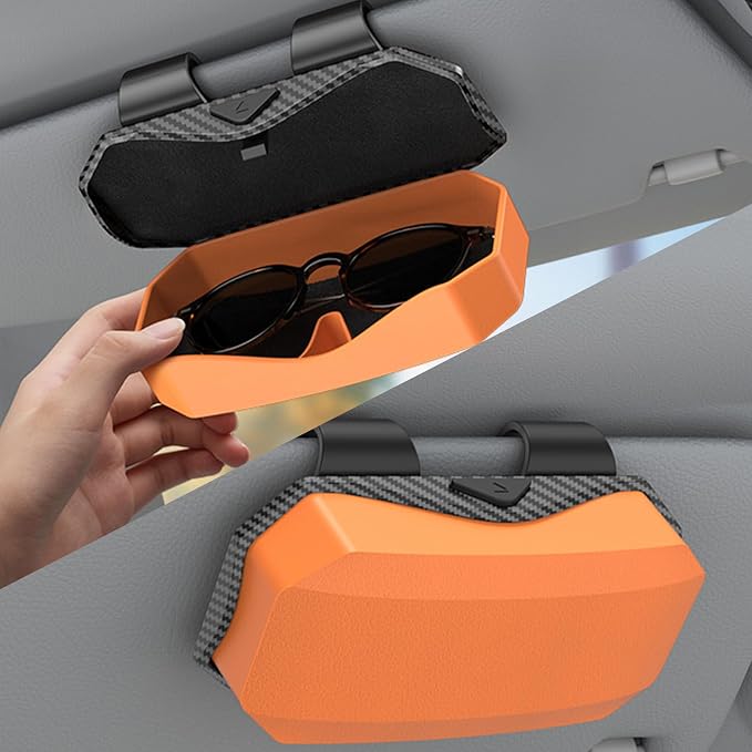 Sunglasses Holder for Car Visor, One-Handed Press to Open Car Glasses Case, Carbon Fiber Texture Visor Accessories Stability for Truck SUV Sedan, Anti-Scratch Velvet Interior (Orange) - Image 7