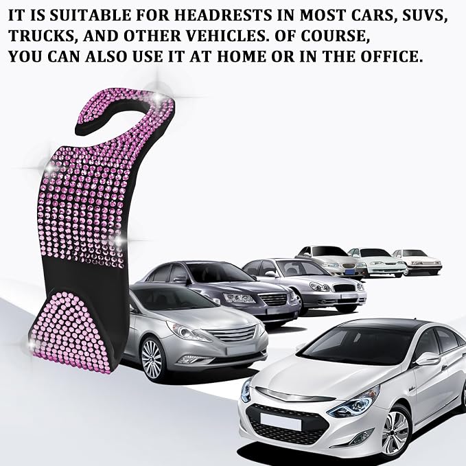 Bling Car Seat Headrest Hooks Pink Car Accessories for Women Crystal Rhinestone Auto Seat Back Hanger Storage Organizer for Purse Handbag Coat Grocery Bag, Universal Purse Hook for SUV Truck-4PCS - Image 6
