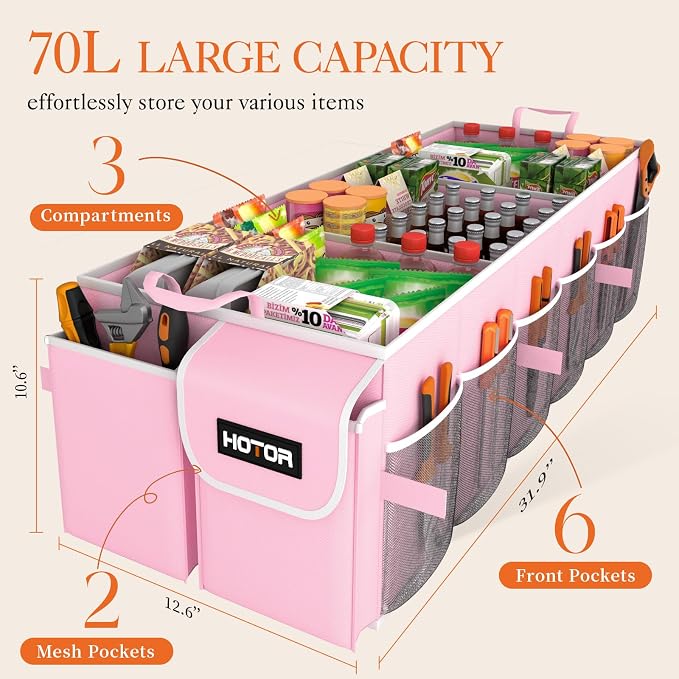 HOTOR Trunk Organizer - Foldable Car Organizer for SUVs & Sedans Storage | Sturdy Car Organization for Men & Women, Car Accessories, Tools, Sundries, Pink, 3 Compartments, 31.9" x 12.6" x 10.6" - Image 2