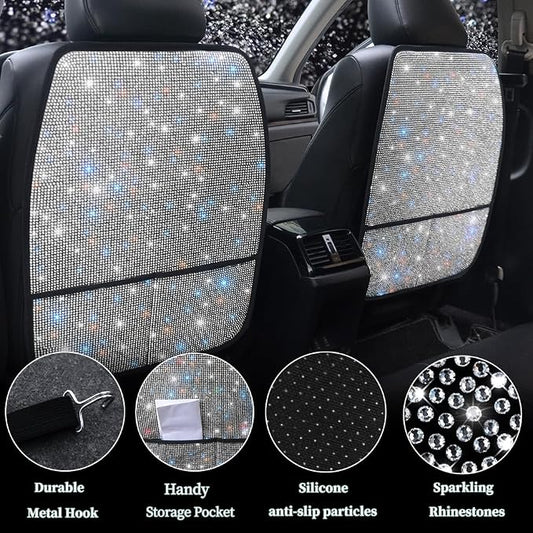 Bling Crystal Car Seat Back Kick Protectors with Storage, Sparkly Diamond Kick Mats, Universal Seat Protector for SUV and Automotive Crystal Auto Accessories for Women White 2pcs - Image 2