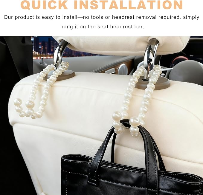 Elegant Pearl Car Seat Headrest Hook, Cute Pearl Car Seat Back Hook Storage Organizer, Exquisite Headrest Hanger Purse Holder Interior Decoration for Women Girls - Image 6