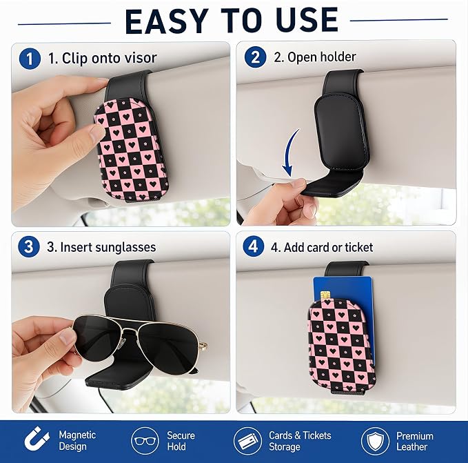 Leather Magnetic Sunglass Holder for Car Sun Visor, Cute Eyeglass Ticket Card Hanger Clip, Universal Auto Interior Accessories for SUV Pickup Truck, Heart Checkered - Image 5