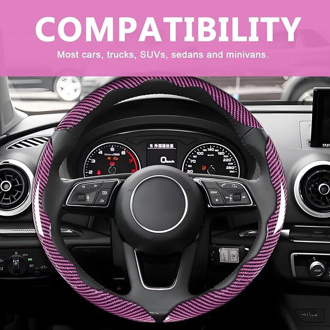3pcs Universal Carbon Fiber Steering Wheel Cover - Anti-Slip & Segmented Design, Universal 99% Durable Steering Wheel Protector for Men and Women, Car Interior Accessory (Pink) - Image 7