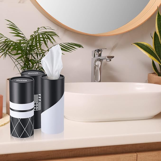 Outus 12 Pcs Geometric Car Tissues Cylinder Holder with 3 Ply Facial Tissue Bulk Black White Round Tissue Holder Travel Tissues Boxes Container for Car Cup Wedding Birthday Party - Image 6