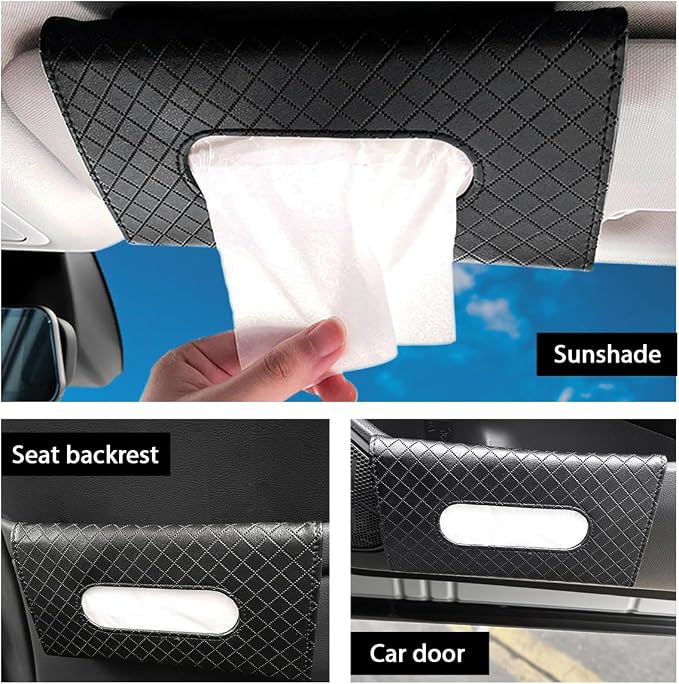 Car Tissue Holder, Leather Sun Visor Hanging Napkin Holder with Tissue Refill, Clip-On Visor Mask Dispenser Premium Paper Towels Case for Vehicles, Universal Car Accessories (Black) - Image 6