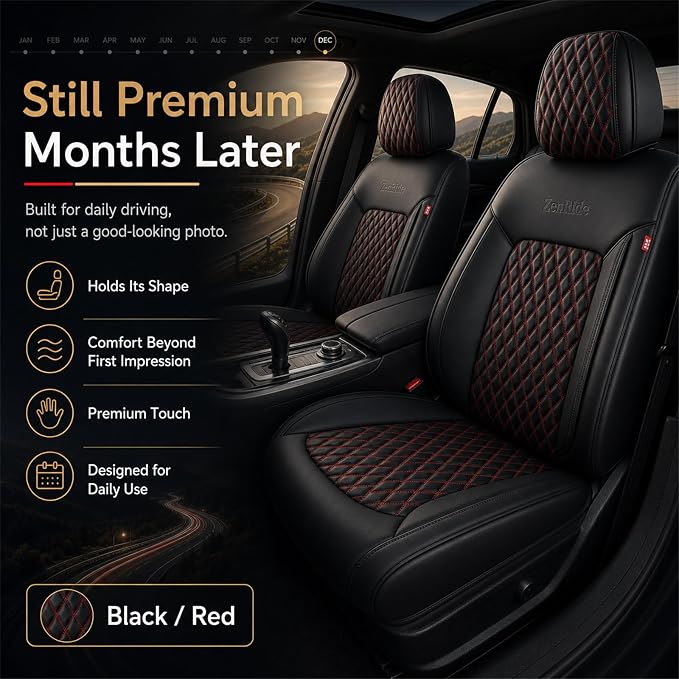 Black and Red Thick Nappa Leather Automotive Front Car Seat Covers Set of 2 | Univerasal Fit,3D Contoured,Waterproof,ThickTexture Nappa Leather,for most Suvs Trucks Sedans - Image 9