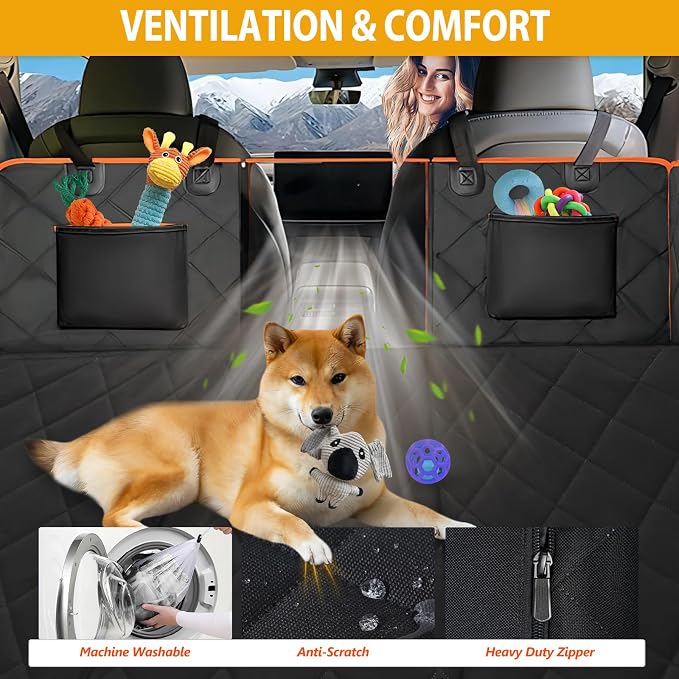 Hard Bottom Dog Car Seat Cover for Back Seat, Backseat Extender | Dog Hammock for for Cars, SUVs, Sedan, Holds 420lbs, Large Space, Sturdy Oxford, Pet Car Bed, Waterproof, Mesh Window, Orange - Image 6