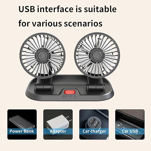 Adjustable Dual Head Car Cooling Fan-Brushless Motor-2 Speeds, 360 Rotation, for Car Dashboard, SUV/RV/Truck/Sedan/Cruise/Office, USB Powered (Dual-5V) - Image 9