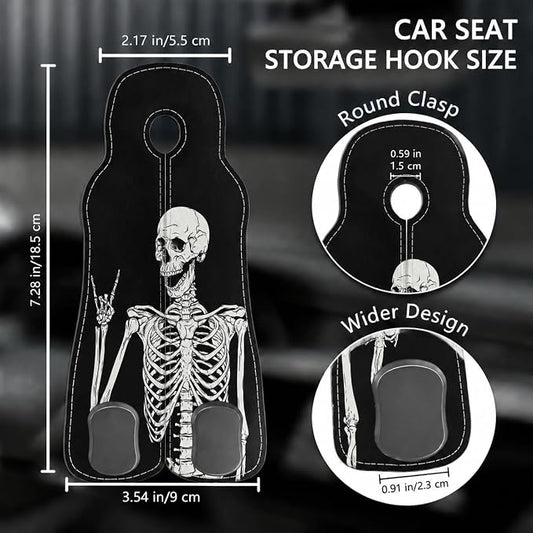Cute Skull Skeleton Car Seat Back Storage Headrest Hooks for Purses & Bags – 2PCS PU Leather Dual Metal Hooks, Backseat Organizer Accessories - Image 2