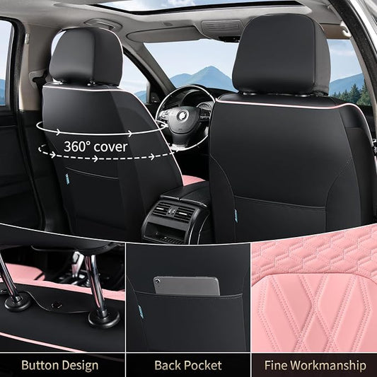 FLORICH Automotive Seat Covers Leather Pink Seat Covers for Cars Front Seats Waterproof Breathable Car Seat Cushion Comfort Interior Covers Universal Fit for Most Car Truck SUV Driving, Black&Pink - Image 2