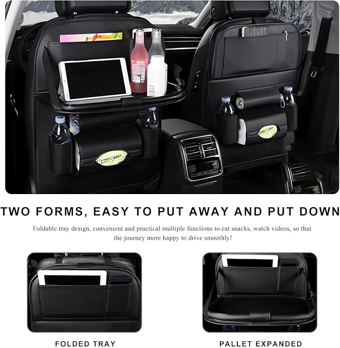 2PCS Car Backseat Organizer, Leather Multi-Pocket Seat Back Protector with Foldable Table Tray, Multifunctional Vehicle Storage Organizer Kick Mat for Kids Toddler Travel (Black) - Image 6