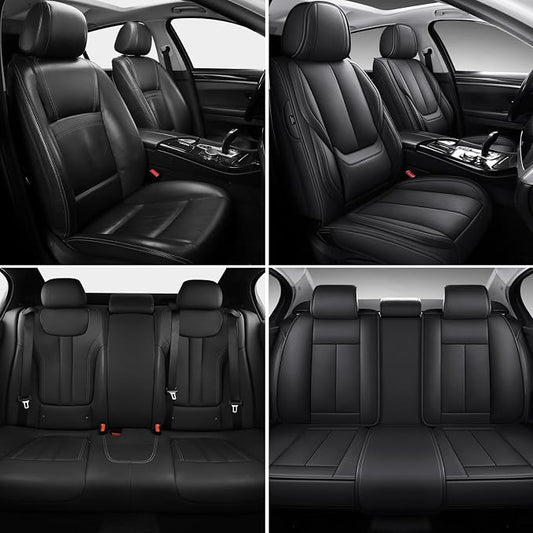MINGBRON Black Car Seat Cover with Lumbar Support, Car Seat Protector Waterproof, Nappa Leather Car Seat Cushion, Car Seat Covers Front Seats and Back Fit for Most Cars - Image 2