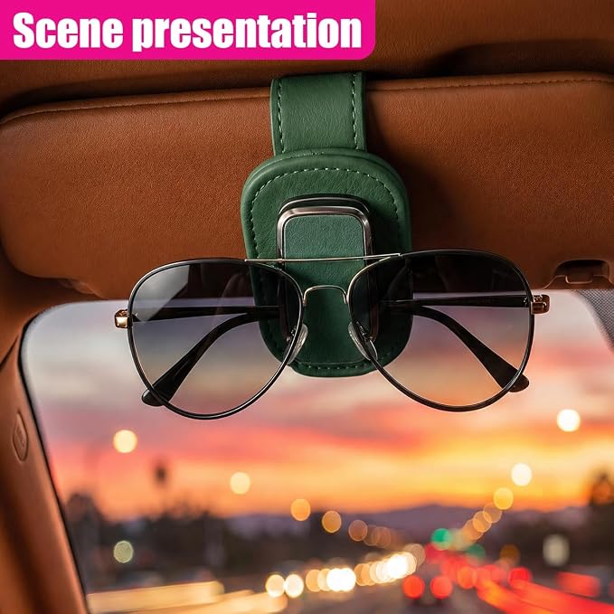 Car Sunglass Holder, Leather Car Sun Visor Eyeglasses Clip with Anti-Scratch Soft Padding, One-Handed Operation Auto Interior Glasses Organizer for Most Cars, Trucks, SUVs (Green) - Image 6