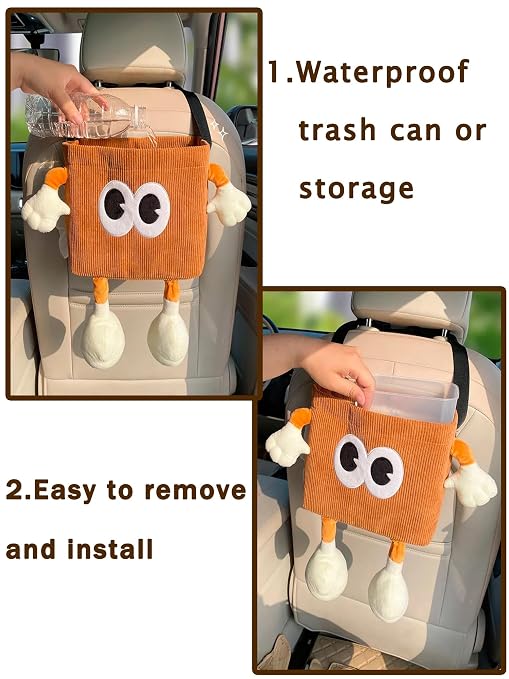 Car Cute 2 in 1 Trash Can with Tissue Holder Box Seat Back Bag Hanging Over the Seat Organizer Plush Cartoon Animal Storage Garbage,Brown - Image 6