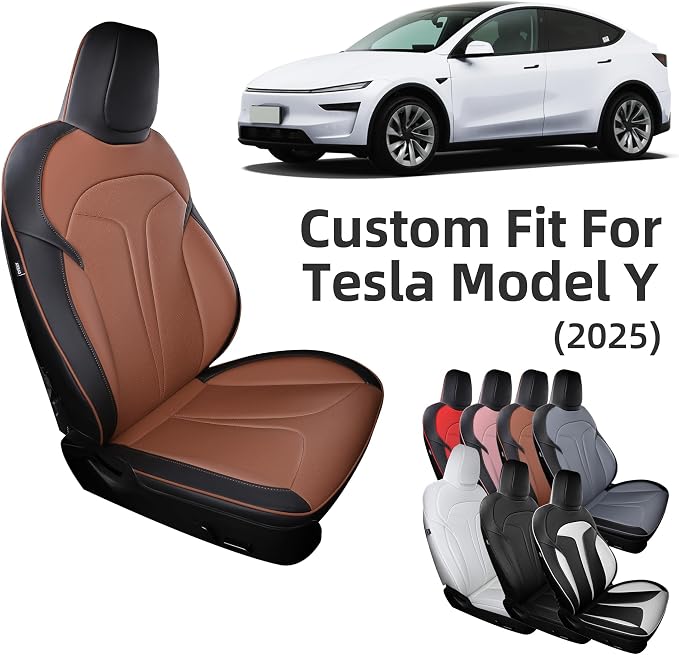 Custom Seat Covers for 2025 2026 Tesla Model Y Juniper 5-Seater Black+Brown | Waterproof Breathable Nappa Leather, OEM Factory Style Full Set, Full Coverage Design with Armrest Covers, Airbag Compatible - Image 9