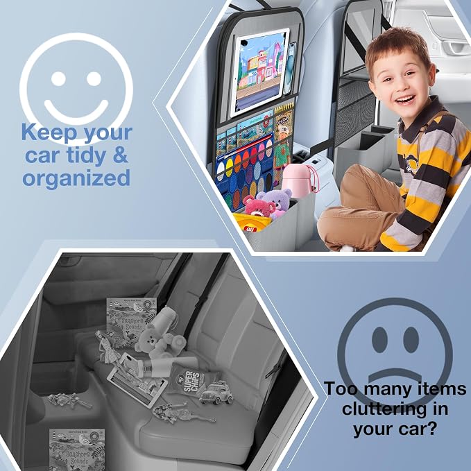 2PACK-Car Backseat Organizer with Touch Screen Tablet Holder,9 Storage Pockets Storage Organizer with Foldable Food Tray, Protector Kick Mats for Kids, Travel Accessories Organizer (Grey) - Image 8