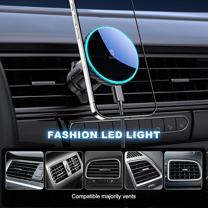for Mag-Safe Car Mount Charger Dash Windshield Vent Magnetic Phone Holder | Wireless Car Charger with LED Light Car Phone Holder for iPhone 17 16 15 14 13 12 Series for MagSafe Carbon Firber - Image 6