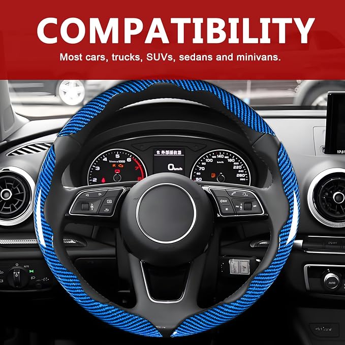 3pcs Universal Carbon Fiber Steering Wheel Cover - Anti-Slip & Segmented Design, Universal 99% Durable Steering Wheel Protector for Men and Women, Car Interior Accessory (Blue) - Image 7