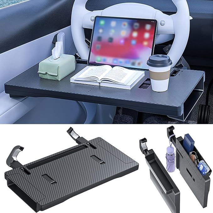 Carbon Fiber 3-in-1 Steering Wheel Tray Table & Car Seat Gap Filler Organizer & Centre Console Storage Box | Foldable Adjustable Car Desk/TableTray for Laptop, Eating & Work (【Foldable】 3-in-1) | Detachable Seat Gap Filler,0-30° Adjustable Angle,3-in-1... - Image 9