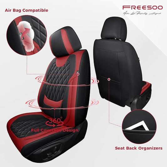 FREESOO Front Seat Covers Faux Leather Waterproof Universal Fit Black Red | faux leather front seat covers, breathable waterproof, lumbar support, universal fit sedans hatchbacks pickups - Image 2