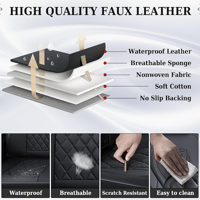 Coverado Car Seat Covers Full Set, Front and Back Seat Covers for Cars, Luxury Faux Leather Waterproof Seat Covers, Black Car Seat Covers, Car Seat Protector Accessories Universal Fit Most Vehicles - Image 9