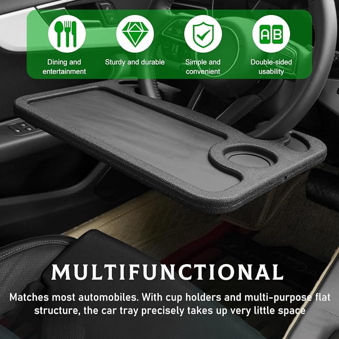 Car Steering Wheel Desk, 2 in 1 Auto Steering Wheel Tray for Food & Laptop, Multipurpose Vehicle Steering Wheel Table with Cup Holder and Pen Slot, Travel Car Accessories (Black) - Image 6