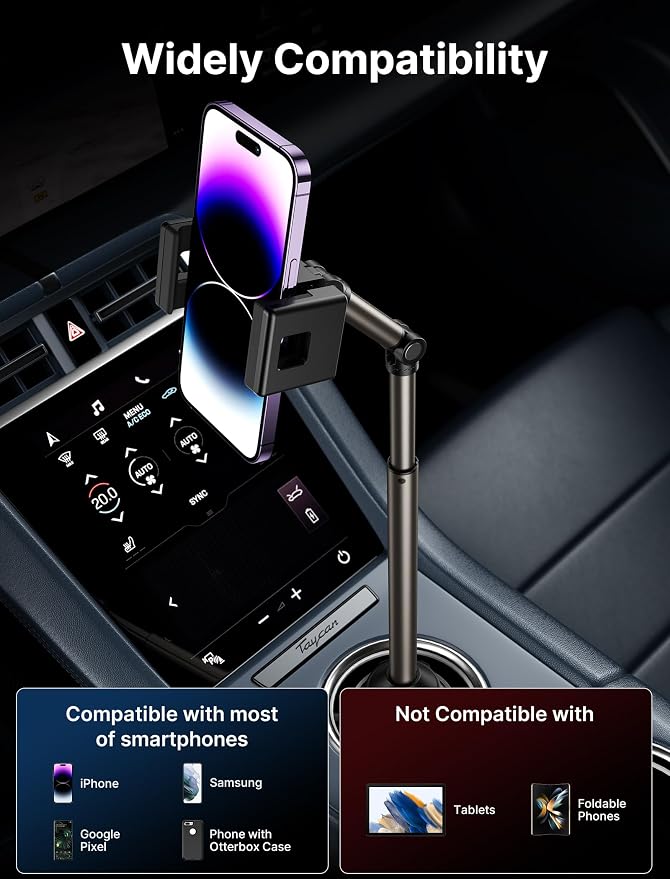 JSAUX Car Cup Holder Phone Mount, Metal Long Arm, Adjustable Base | Sturdy Metal Arm, Adjustable Height and Angle, Secure Phone Grip, Fits 2.17-4.33 in Car Cup Holders - Image 7