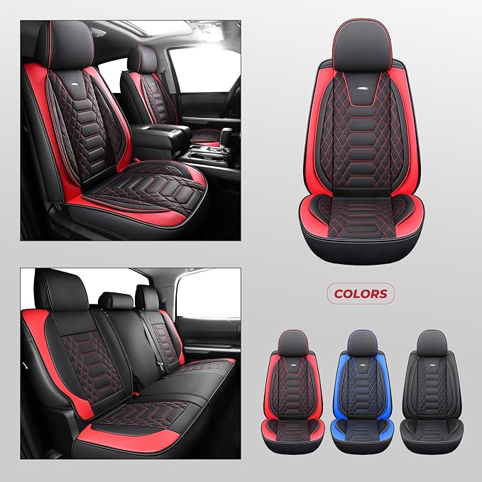 FREESOO Custom Leather for Toyota Tundra Seat Covers 2007-2013 Crewmax Cab | Fit for Crewmax Cab 5 Seats, Full Set, 60/40 Split Bench, Faux Leather, for Truck Toyota Tundra Accessories, BlackRed - Image 7