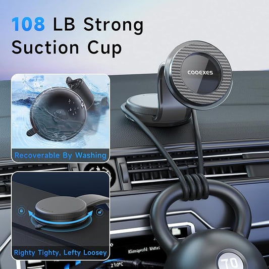 Anti-Shake Vacuum Suction Cup Phone Mount - 108LBS, Magnetic Car Mount, Bendable Car Phone Holder for Windshield Dashboard,Memory Alloy Arm, Car Accessories for iPhone 17/16/15,Texture Black - Image 2