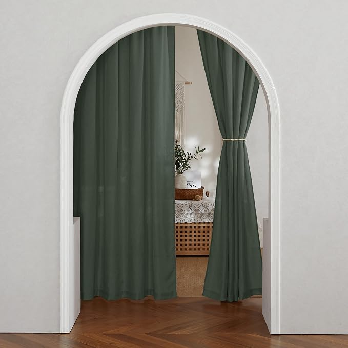RYB HOME Linen Sheer Curtains 2 Panels for Living Room, Semi Transparent Privacy Drapes with Rod Pocket Farmhouse Style Window Treatments for Bedroom, Hunter Green, 52" W x 90" L - Image 8